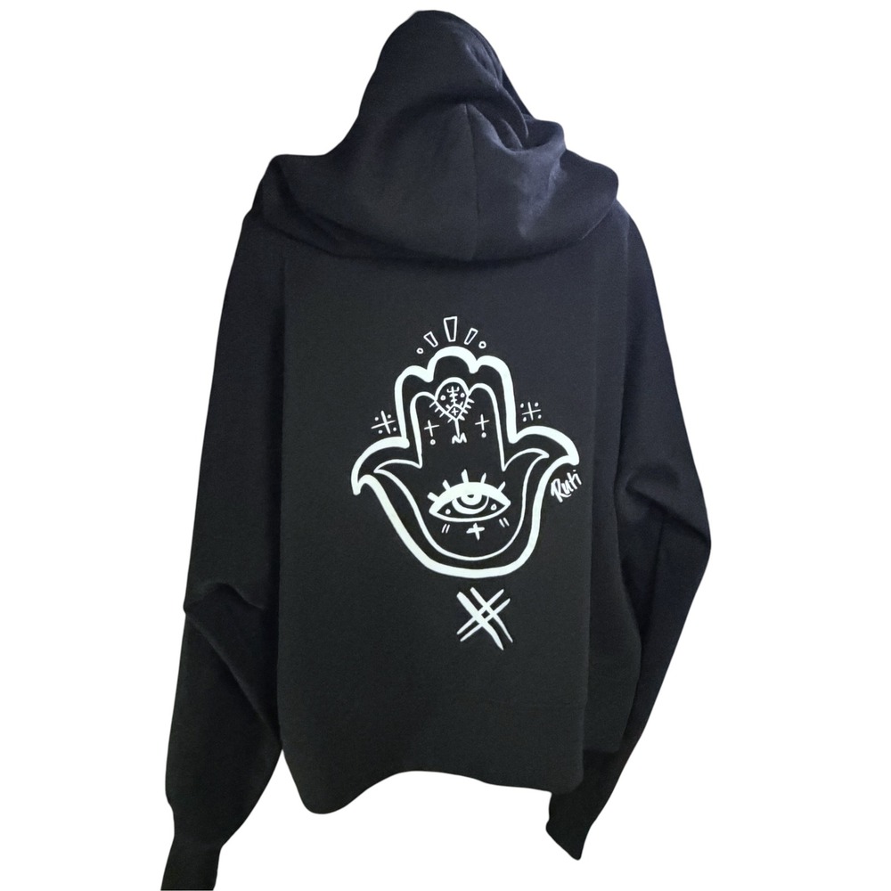 Ruti Black Hamsa Hand Women Graphic Oversized Pullover‎ Hoodie L/XL